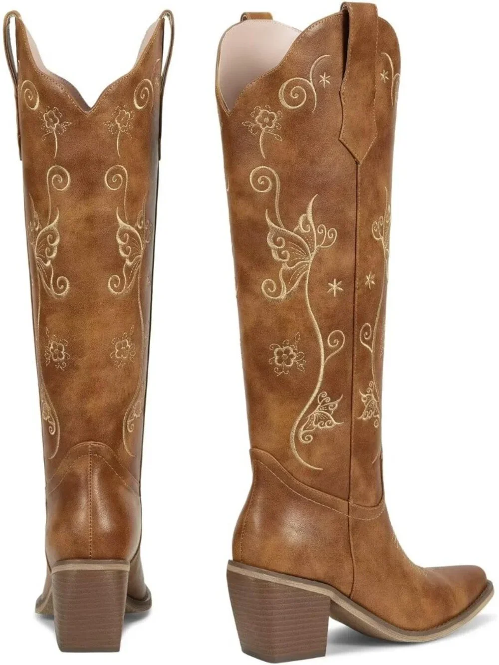 Women's Light Brown Chunky Heel Slip on Pointed Knee High Cowgirl Tall Boots